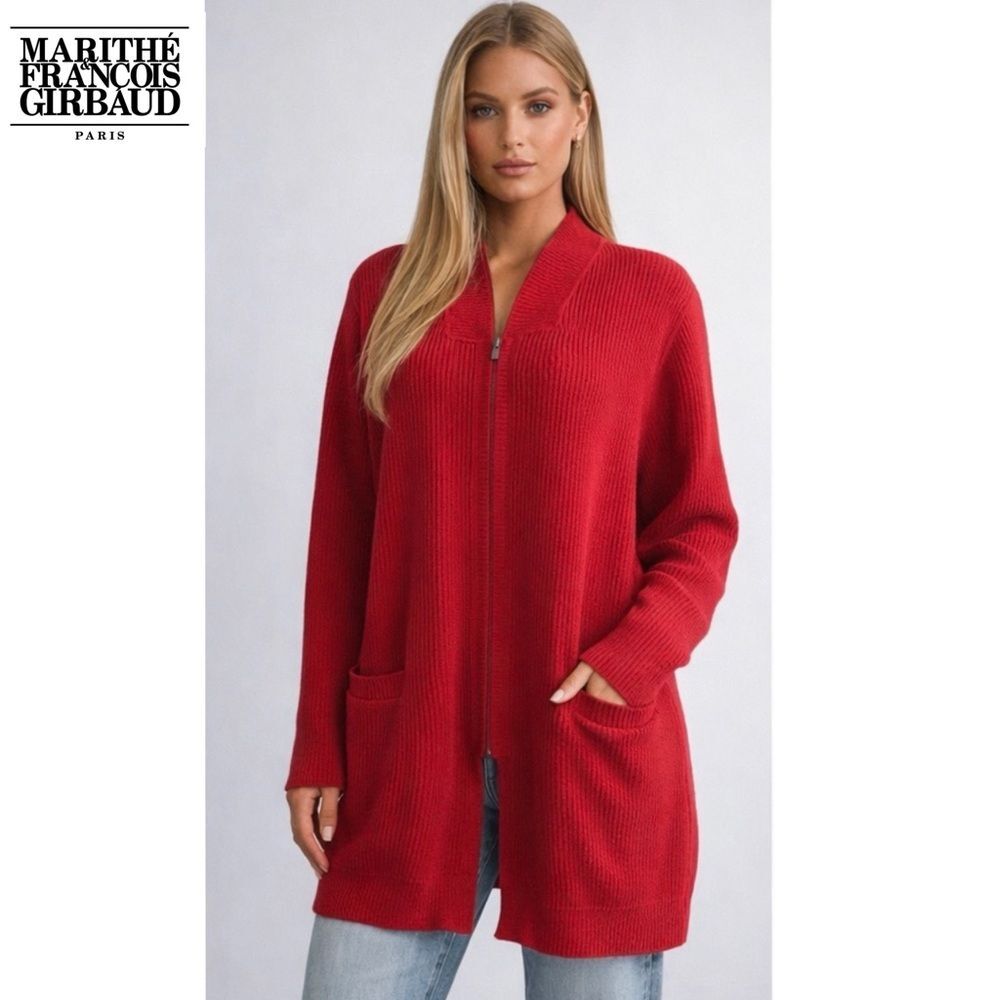 Marithe Francois Girbaud VTG 90s Lambswool Ribbed Zip Cardigan Sweater Red Small